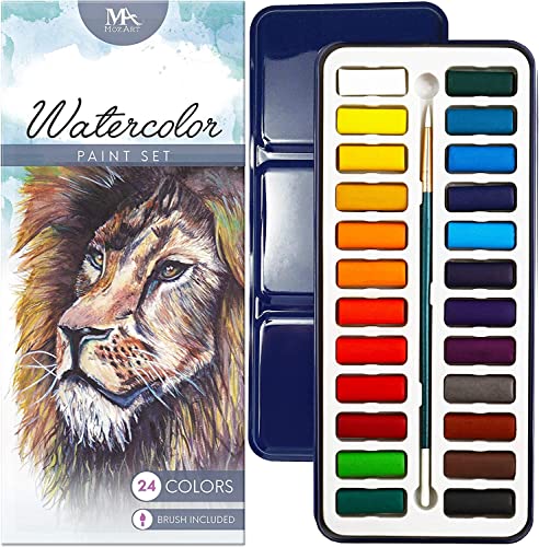 MozArt Supplies Watercolor Paint Essentials Set - Lightweight and Portable Metal Box - Lid Has 3 Partitions for Color Mixing - Easy-to-Blend Non-Toxic Formulation - 24 Vibrant Colors with Paintbrush | Non-Toxic Blendable Watercolor Kit – 3-Partition Mixin