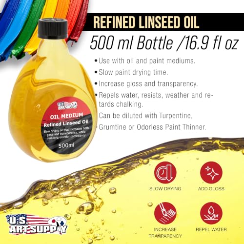 U.S. Art Supply Refined Linseed Oil, 500ml (16.9 oz) Fluid Medium - Linseed Oil for Wood, Painting Mediums & Wood Finishing - size: 16.91 Fl Oz (Pack of 1)