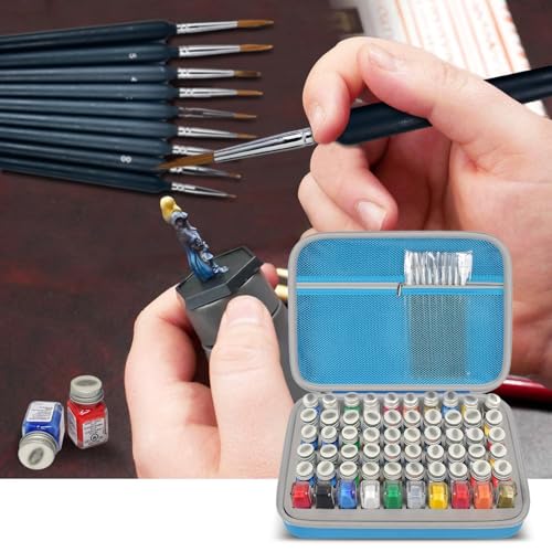 Model Paint Storage Case for Testors, Holds 60 Bottles, Paints Not Included | 9 Detail Brushes Included, Hard Shell Carrying Bag, Foam Slots, for Model Builders, Miniature Painters, Home Travel Use, Blue - color: Blue