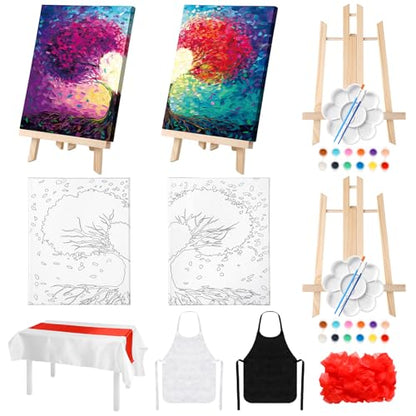 Zhanmai 2 Pack Sip and Paint Kit for Couples Date Night | 8 x 10 Inch, Pre Drawn Tree of Love Canvas, Paint Party Supplies, Romantic Adult Activity, Includes Easels Aprons Brushes Set - size: 8 x 10 Inch, style: Tree of Love
