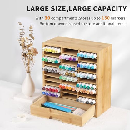 AUTOARK Bamboo Marker Organizer for 150 Markers,AHK-060 | Desktop Storage with Drawers,Art Markers Pens Pencils Brushes - size: 150 Markers