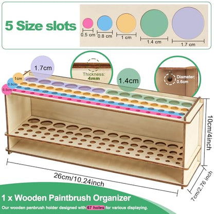 Wooden Paint Brush Holder Artist Brush Holder 67 Hole Paintbrush Holder Desktop Organizer Wood Paint Brush Rack for Pens Pencils and Art Tools