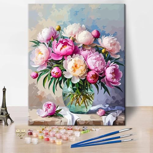 TUMOVO Paint by Numbers Kit for Adults Pink Peonies Botanical Canvas Art | Floral DIY Painting with Vibrant Acrylic Paints and 3 Brushes, Relaxing Arts and Crafts Kit, 16x20 Inch - color: Peonies