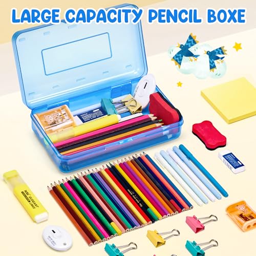 GAMENOTE Plastic Pencil Box with Personalized Sticker, Large Capacity, Blue | Kid Large Hard Pencil Case with Snap-tight Lid, Small Art Craft Storage Containers, School Supply Box for Boys, Girls - color: Blue