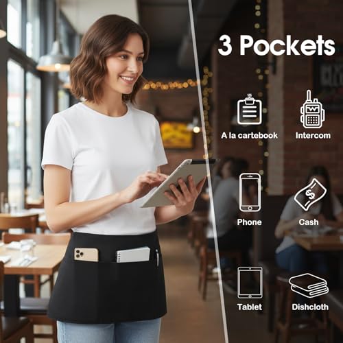 BOHARERS Cotton Server Aprons 3 Pack Waiter Waitress Apron Short Apron with Pockets Restaurant BBQ 12 Inch Black - color: 03 Pack Black