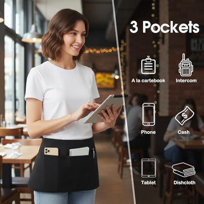 BOHARERS Cotton Server Aprons 3 Pack Waiter Waitress Apron Short Apron with Pockets Restaurant BBQ 12 Inch Black - color: 03 Pack Black