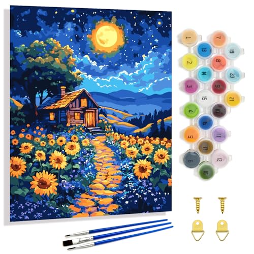 Yunnuo Landscape Paint by Numbers Kit for Adults,Sunflower Paint by Number Canvas,Wooden Cottage Acrylic Painting by Numbers for Home Decor and Holiday Gift 16'W x 20'L - color: B-003-sunflower cottage