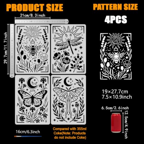 FINGERINSPIRE 4PCS Dreamy Animals Painting Stencils with Paint Brush 8.3x11.7inch Reusable Butterfly Bee Template Plastic Dragonfly Plant Stencil Animal Theme Template for Painting on Furniture - color: Dreamy Animals