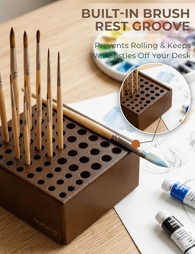 DUGATO Wooden Brush Holder, 59 Hole Desk Organizer with Rest Groove