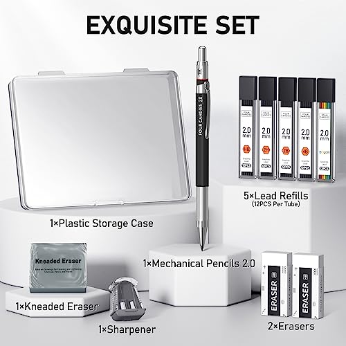 Four Candies 2MM Mechanical Pencil Set with Case, Metal, 60 Lead Refills - size: 9 Piece Set