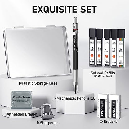 Four Candies 2MM Mechanical Pencil Set with Case, Metal, 60 Lead Refills - size: 9 Piece Set