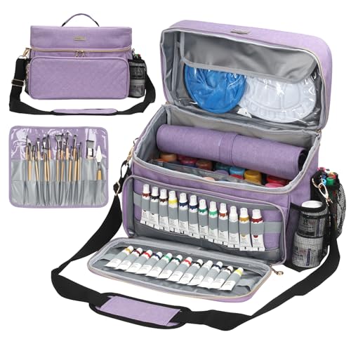 Art Supplies Organizer Storage Bag with Detachable Paint Brush Holder & Partition - Carrying Case for Home/Travel/Outdoor Fits Marks, Acrylic Paint, Palettes, Folding Buckets, Portfolios (Pro Purple) - color: Pro Purple