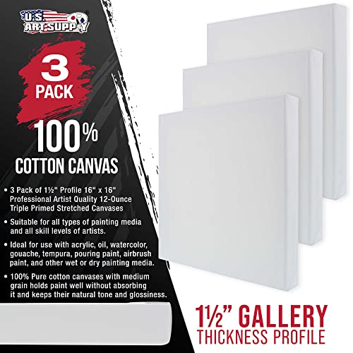 U.S. Art Supply 16"x16" Stretched Canvas for Painting, Gallery Depth 3-Pack - size: 16" x 16"