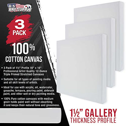 U.S. Art Supply 16"x16" Stretched Canvas for Painting, Gallery Depth 3-Pack - size: 16" x 16"