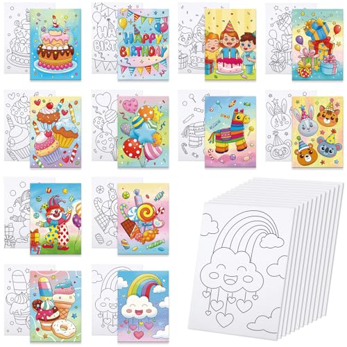 Anseal 12 Packs Birthday Pre Drawn Canvas to Paint, 5" X 7" Pre Printed Canvas for Kids, Pre Stretched Canvas Outline Painting Boards for Beginners, Students, Party Favor - color: birthday