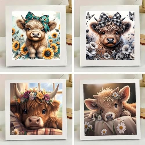 4 Pack Diamond Art Kits for Adults, Cow Diamond Painting Kits 12x12 inch | Highland Cow Diamond Art Painting Kits for Adults Beginners, DIY Round Full Drill Gem Art Diamonds Dots Crafts Kit Home Decor - color: 4Pack Highland Cow, size: 11.8x11.8in(30x30cm