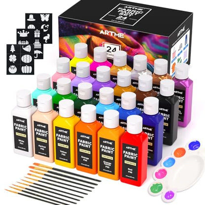 Artme 24 Colors Fabric Paint (60ml/2oz), Permanent Soft Fabric Paint Set with 10 Brushes, Palette, Stencils, Non-Toxic Waterproof Textile Paint for T-Shirts, Jeans, Shoes, Bags, DIY Crafts