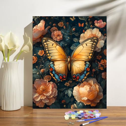 obterie Butterfly Paint by Numbers Kit for Adults Beginner Flower Oil Painting Kit Adult Paint by Number Kits on Canvas DIY Painting for Beginners Art by Numbers for Gifts Home Wall Decor 16x20 Inch - color: YF033