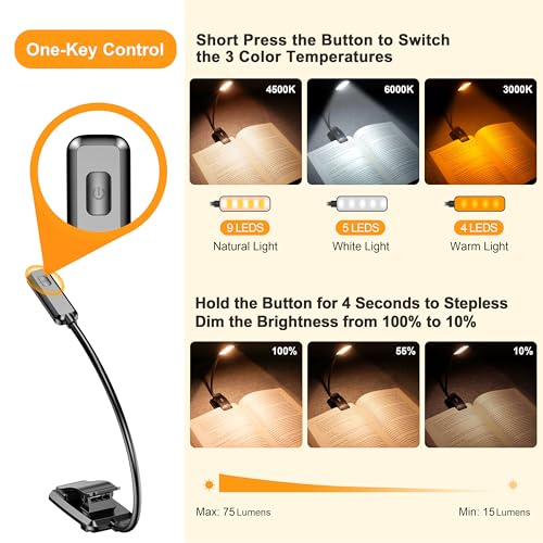 Gritin 9 LED Rechargeable Book Light for Reading in Bed | Eye Caring 3 Color Temps,Stepless Dimming Brightness,80 Hrs Runtime Small Lightweight Clip On Book Reading Light for Studying - color: ‎Black
