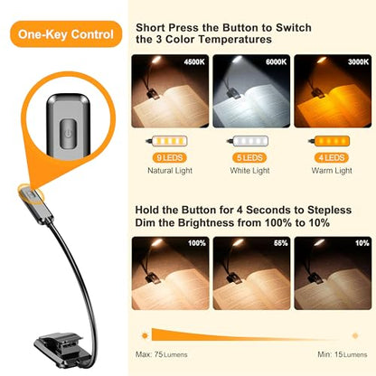 Gritin 9 LED Rechargeable Book Light for Reading in Bed | Eye Caring 3 Color Temps,Stepless Dimming Brightness,80 Hrs Runtime Small Lightweight Clip On Book Reading Light for Studying - color: ‎Black