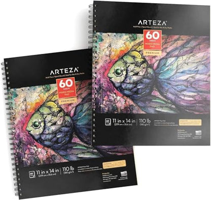 ARTEZA Mixed Media Sketchbook, 11x14 Inches – 2-Pack, 60 Spiral-Bound Sheets, 110 lb Acid-Free Paper for Wet & Dry Media: Acrylic, Ink & Pencil - size: 11"x14" (Pack of 2)