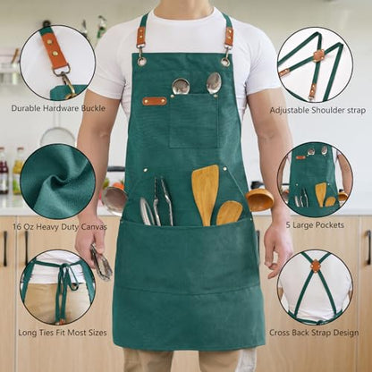 Aoomzoon Canvas Aprons for Men Chef Apron, Work Apron with Large Pockets - 16oz Heavy Duty Cross Back, BBQ, Cooking - color: Green