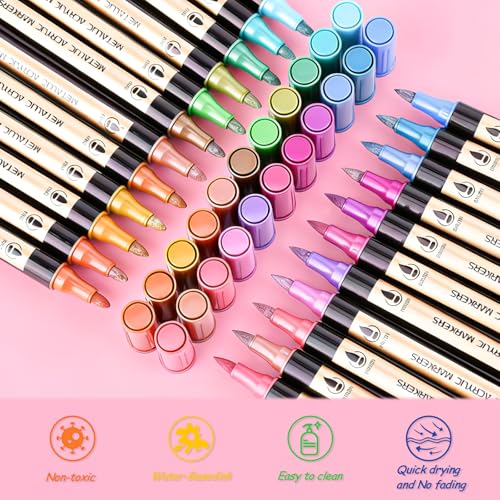 Metallic Marker Pens, 18 Colors Dual Tip Metallic Acrylic Paint Markers for for Black Paper, Rock, Fabric, Glass, Wood, Acrylic Paint Pens Markers Set for Coloring Books for Adults - color: 18 Colors
