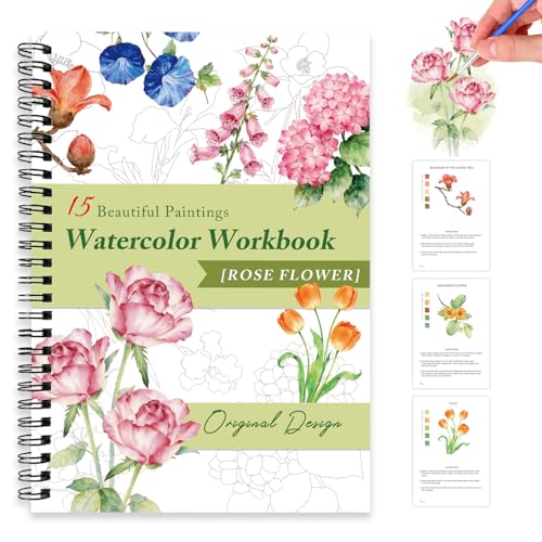 Watercolor Workbooks for Adults Beginners & Teens, 16 Colors 15 Beautiful Paintings, Pre-Outlined Designs, Easy Watercolor Art Book（Without Palette Rose Flowers） - color: Rose Flowers, size: without palette