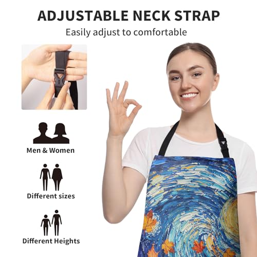 Fall Thanksgiving Aprons Van Gogh Starry Night Pumpkin Kitchen Apron with Two Pockets Maple Leaves Sunflower Cooking Apron with Adjustable Neck Strap for Baking Crafting Painting - color: Fall-starry Pumpkin