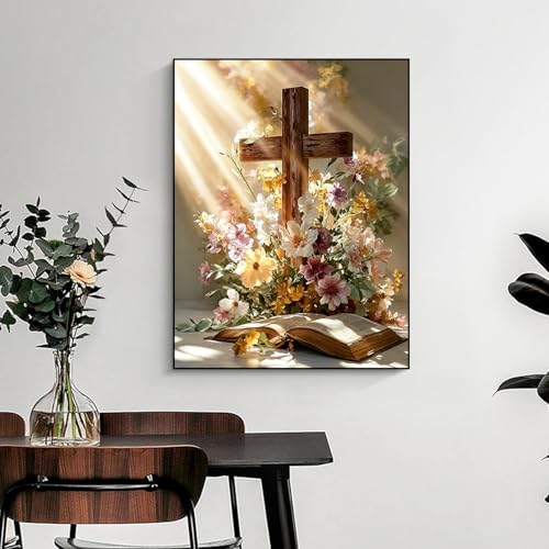 WNPOKN Religious Cross Diamond Art Kits for Adults 12 x 16inch | Cross with Flowers and Book 5D Diamond Painting Kits,Diamonds Dot Gem Art Craft Kits for Home Wall Decor