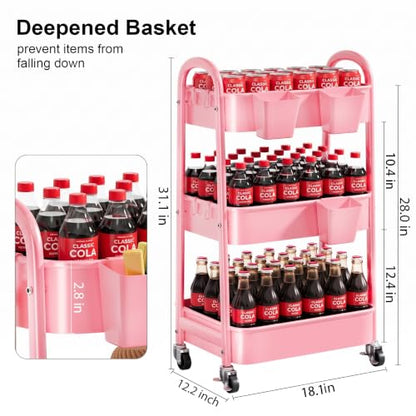 3 Tier Rolling Storage Cart Metal with Wheels, Pink Three Tiered Craft Cart Organizer on Wheels, Utility Carts for Baby Nursery, Diaper Caddy, Art, Book, Snack, Nail, Makeup, Bathroom Supplies, Mesh - color: Soft Pink