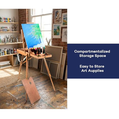 Artkey Beechwood French Easel with Sketch Box & Storage Drawer, Portable Folding Tripod Field Easel for Plein Air Painting, Adjustable Height up to 71", Holds Canvas up to 34", Natural Wood