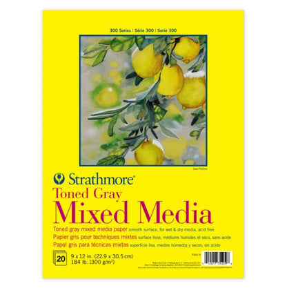 Strathmore 300 Series Mixed Media Pad, Toned Gray, Tape Binding, 184lb (300gsm), 20 Sheet, 9x12 inch, 1 Count