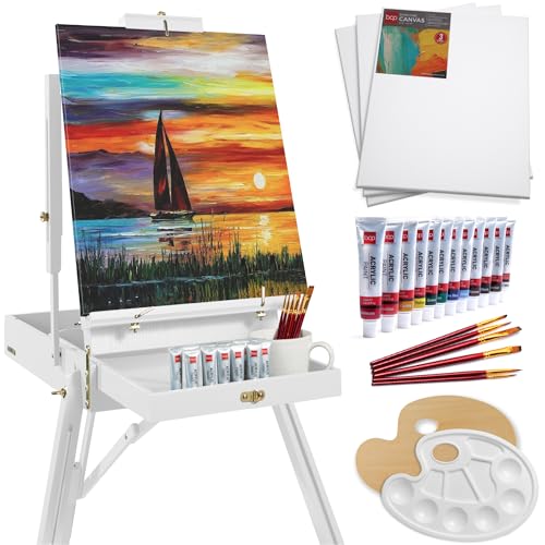 Best Choice Products Art Easel for Painting, Portable Wooden Adjustable Artist Tripod with Sketch Box, 32-Piece Art Set with Acrylic Paints, Brushes, Canvases & Palette - White - style: White