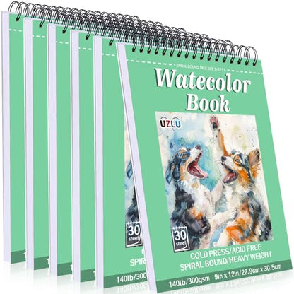 UZLU 6 Pack Watercolor Paper Pads, 9 x 12 Inch, 180 Sheets Total - size: 9x 12 in