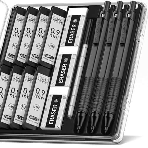 Four Candies Metal Mechanical Pencil Set with Case, 0.9mm, 3PCS, Black | 480PCS HB Lead Refills, 3 Erasers+9 Eraser Refills, Anti Grip, for Drafting, Engineering, Technical Drawing, Art Projects - color: Black, style: 0.9 MM