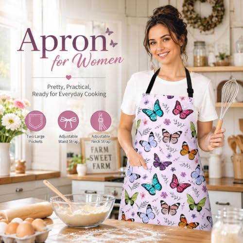 Butterflies Apron with 2 Pockets Adjustable Stain Resistant Kitchen Cooking Apron for Baking BBQ Grilling Grilling Painting Gardening - color: Butterflies