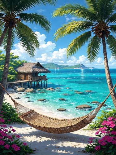 RYMILIE Beach Diamond Art Kits for Adults Diamond Painting Kit 12x16in | 5D Coconut Tree Diamond Art Painting Kit for Beginners, DIY Full Round Drill Gem Art Crafts for Home Wall Decor Gift - color: DP03881