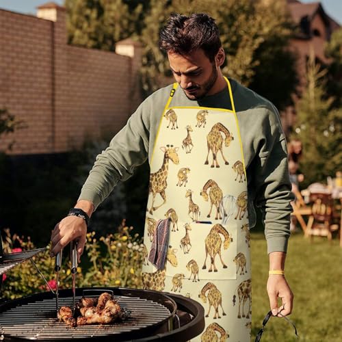 Apron with 2 Pockets,Kitchen Chef Artist Aprons for Cooking Gardening Baking Painting, Waterproof Apron 33" x 27" - color: Giraffe