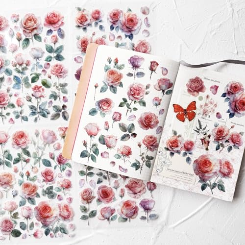 Watercolor Roses Stickers for Scrapbooking, Self-Adhesive Flowers Stickers Journal Embellishment Supplies for Art Craft Decorations - style: Rose