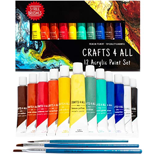 Crafts 4 All Acrylic Paint Set - Art Paints for Canvas, Model Painting, Wood, Ceramics and Fabric - Craft Supplies with 3 Artist Brushes for Adults & Kids﻿, 12 Pack, 12mL - size: 0.4 Fl Oz (Pack of 12)