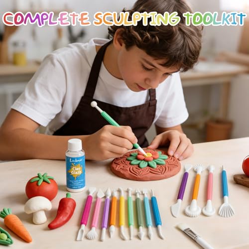 16PCS Double Head Sculpting Tools Set, Clay Tools Kit with 1.7 FL OZ Air Dry Clay Glaze for DIY Pottery, Molding Polymer Clay – Safe & Ergonomic Grip for Craft Lovers & Beginners