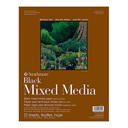 Strathmore 400 Series Mixed Media pad, Gluebound, 184lb Paper, Black, 11x14 inches, 15 Sheets (462-511) - color: Black, size: 11 x 14 inches