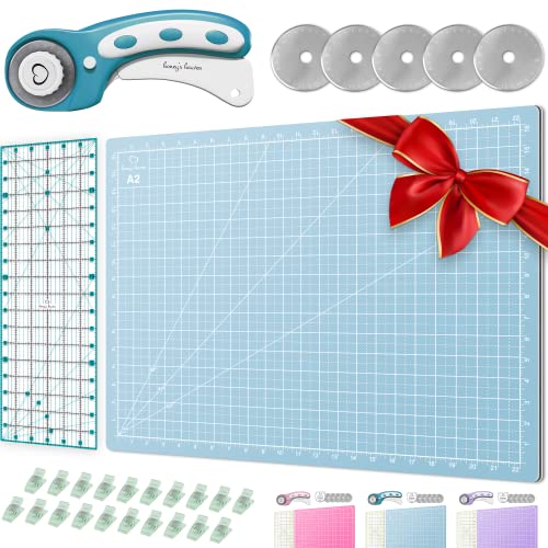 Rotary Cutter Set turquoise - Quilting Kit incl. 45mm Rotary Cutter, 5 Replacement Blades, A2 Cutting Mat, Acrylic Ruler and Craft Clips - Ideal for Crafting, Sewing, Patchworking, Crochet & Knitting - color: Turquoise, size: A2 (24" x 18")