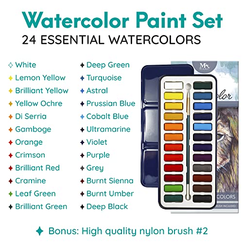 MozArt Supplies Watercolor Paint Essentials Set - Lightweight and Portable Metal Box - Lid Has 3 Partitions for Color Mixing - Easy-to-Blend Non-Toxic Formulation - 24 Vibrant Colors with Paintbrush | Non-Toxic Blendable Watercolor Kit – 3-Partition Mixin