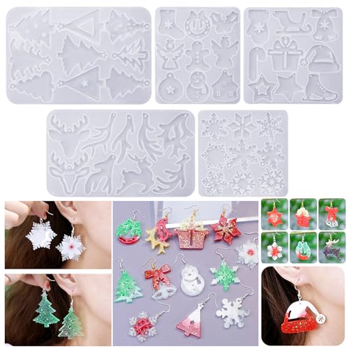 Wehous Resin Earring Molds, 5PCS Christmas Resin Mold, Christmas Tree Snowflake Elk Silicone Jewelry Pendant Mold, Unique Epoxy Molds for DIY Jewelry Earrings Art Craft Keychain Ornament Gift - color: 5pcs-Christmas