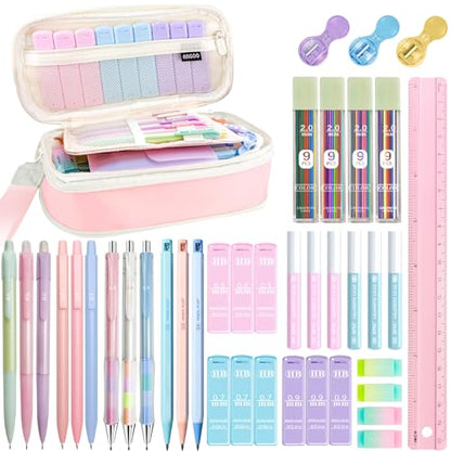 JIZHIYUAN 39PC Mechanical Pencil Set with 600 Lead Refills Pink Pencil Case | 0.5mm-2.0mm Mechanical Pencils, Aesthetic School Supplies Cute Stationary Set Come with Pencil Case for Teacher Coworker - color: Pink