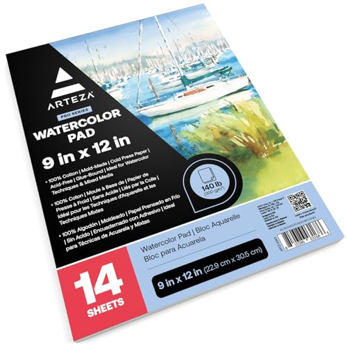 ARTEZA Watercolor Paper, 14 Sheets, 9x12 Inches Water Color Paper, 140lb/300gsm, 100% Cotton, Cold Press, Acid Free Art Paper - style: 14 Sheets (Cold-Pressed)