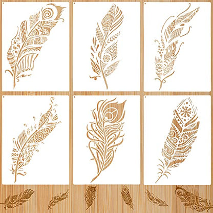 6 Pieces Decorative Mandala Feather Stencil Reusable Mandala Painting Templates Beautiful Stencils Metal Open Ring for Painting on Wood Wall Decor