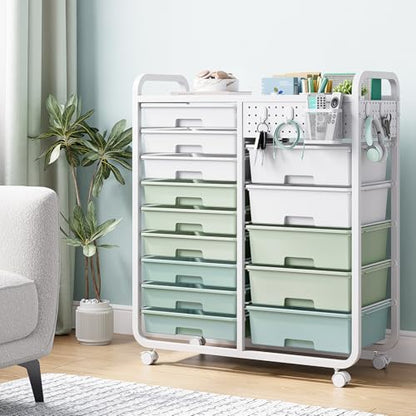 SYKIARIOL 14 Drawer Rolling Cart with Tabletop & DIY Pegboard, Storage Cart with Wheels, Classroom Organizers Utility Cart for Office Home School, Art Supplies, Mobile Craft Organizer, Green